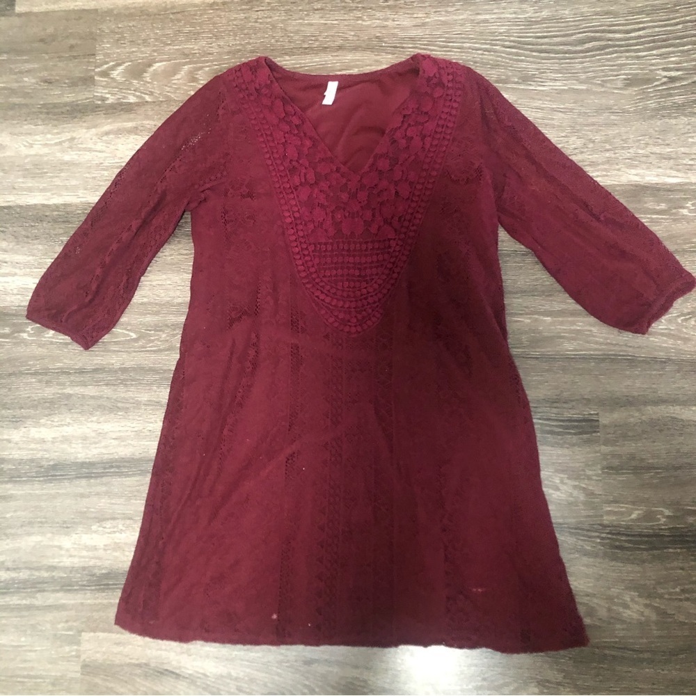 Xhilaration Maroon/Burgundy Lace Mini Dress / Tunic - Sheer Sleeves - Size M